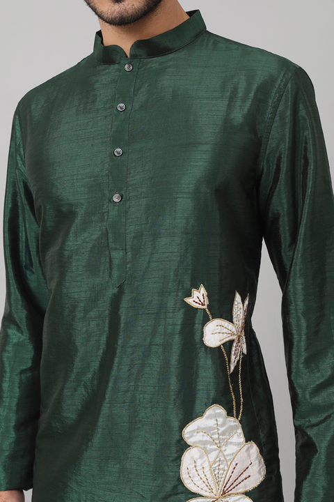 Wijze — Green Embroidered Semi Raw Silk Kurta