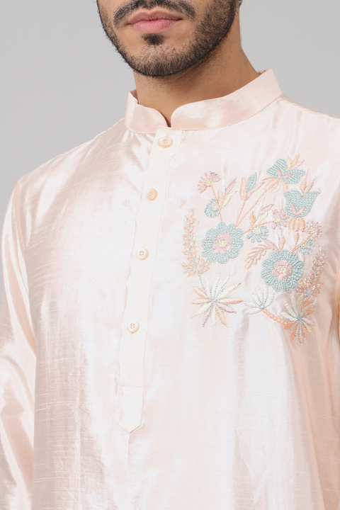 Taozi — Peach Embroidered Semi Raw Silk Kurta