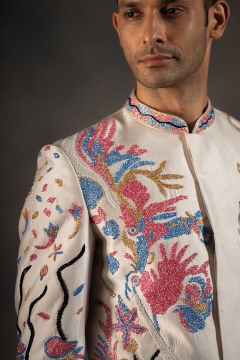 Aqua Marine β Off White Hand Embroidered Dupion Silk Sherwani