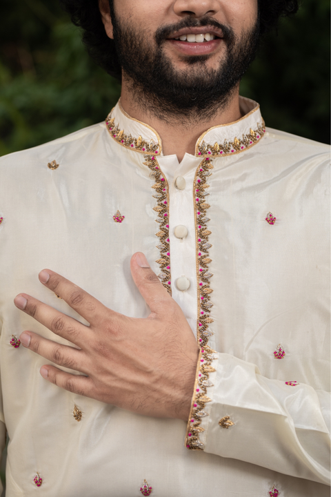 Classic Hand Embroidery — Off-White Pink-Thread Zardozi Pattu Kurta Set