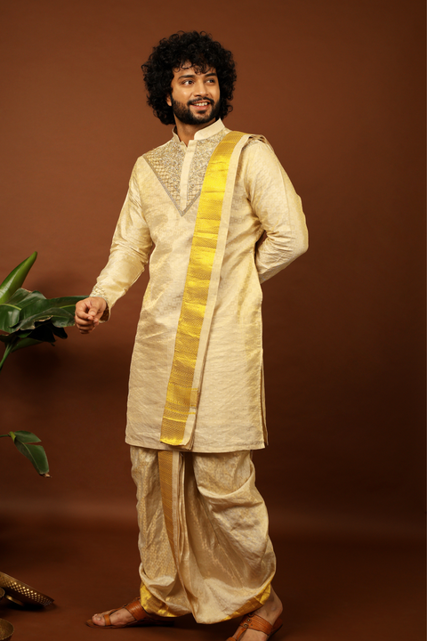 Opulencia β Gold Hand Embroidered Kanjivaram Pattu Kurta Set