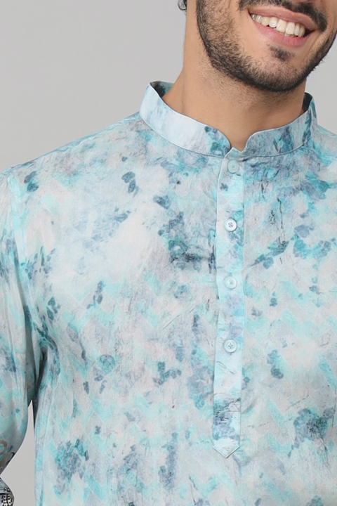 Sepia — Blue Palm Tree Print Silk Kurta