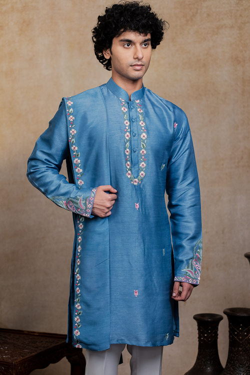 Varnika — Blue Embroidered Falling Raw Silk Kurta
