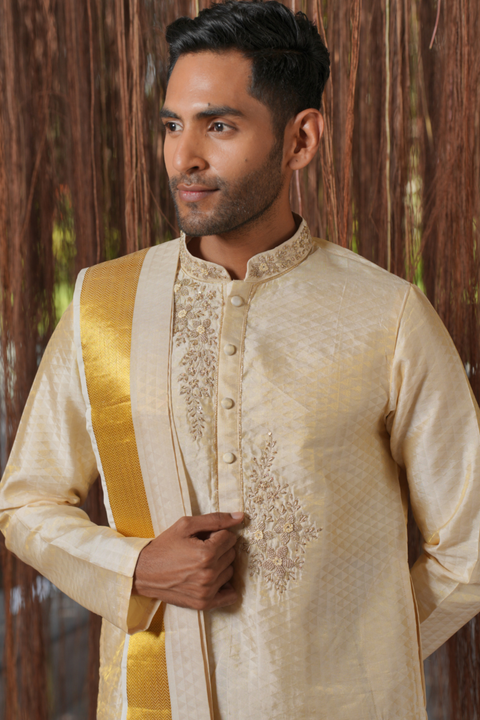 Ananta Kanjivaram — Cream Hand Embroidered Kanjivaram Pattu Silk Kurta Set