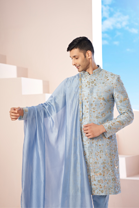 Luxavia — Blue Hand Embroidered Raw Silk Sherwani