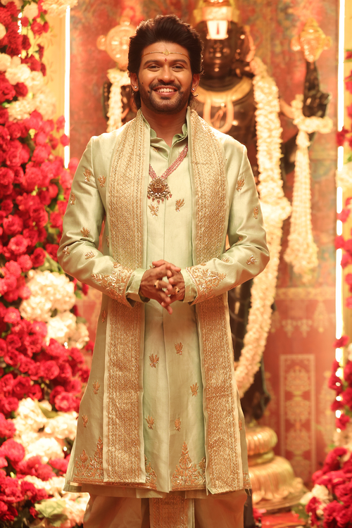 Sage — Sage Green Hand Embroidered Chiniya Pattu Sherwani Set