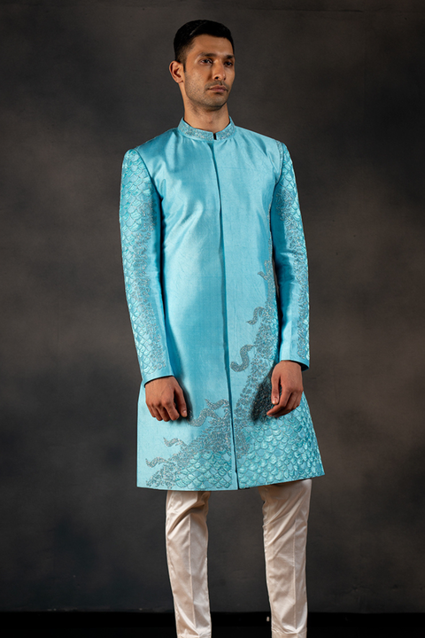 Underwater Bliss β Blue Hand Embroidered Raw Silk Sherwani