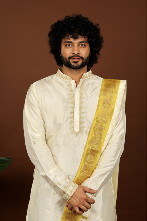 Heuso — Off-White Gold Thread Embroidered Pattu Kurta Set