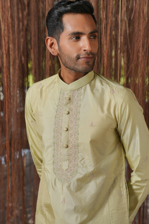 Thirunaal Kanjivaram — Olive Thread Embroidered Kanjivaram Pattu Silk Kurta Set