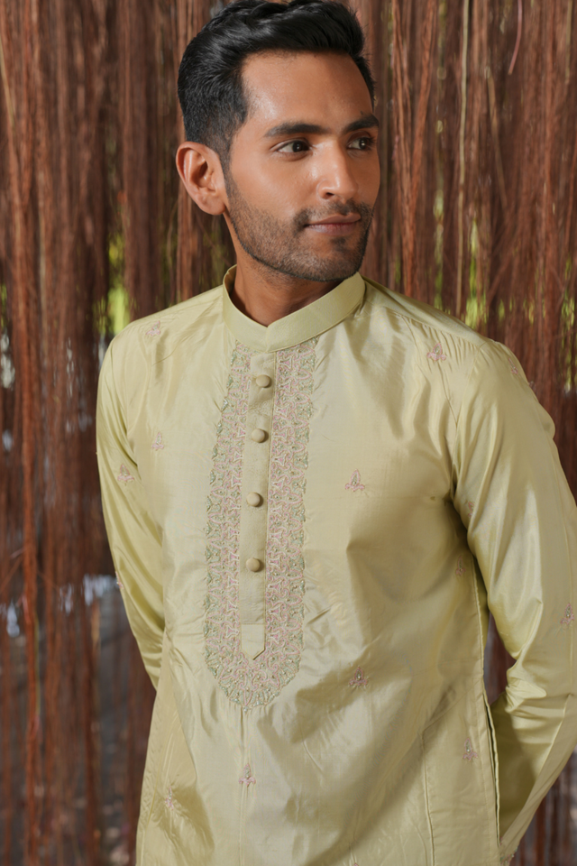 Thirunaal Kanjivaram — Olive Thread Embroidered Kanjivaram Pattu Silk Kurta Set