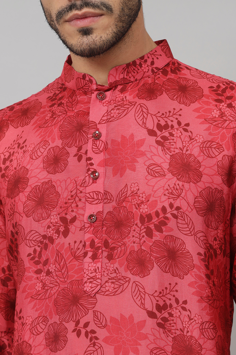 Blossomage — Red Floral Print Silk Kurta
