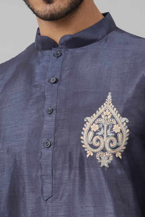 Cyan — Blue Embroidered Semi Raw Silk Kurta