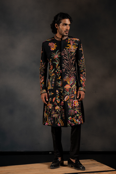 Black Tides β Black Hand Embroidered Raw Silk Sherwani