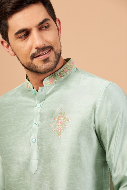 Amil β Pastel Green Embroidered Falling Raw Silk Kurta