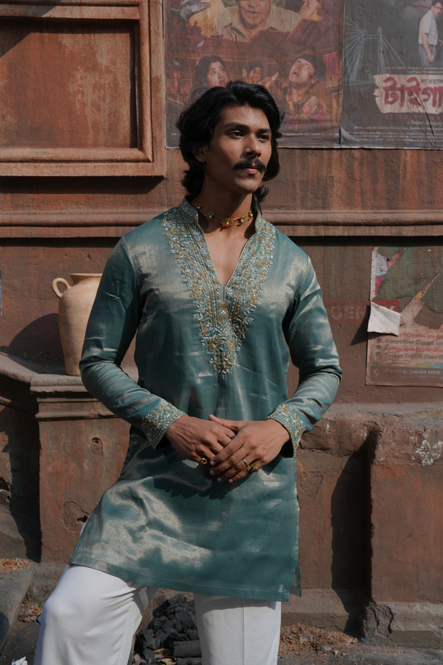 Meghvar — Sea Green Hand Zari & Bead Embroidered Viscose Tissue Kurta