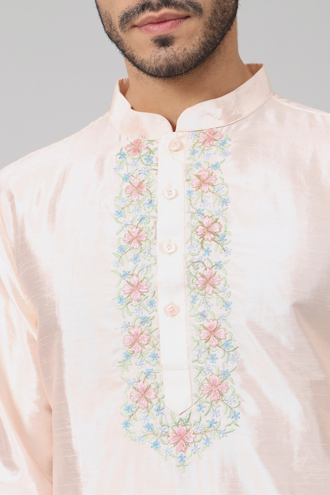 Oxlip — Peach Embroidered Semi Raw Silk Kurta