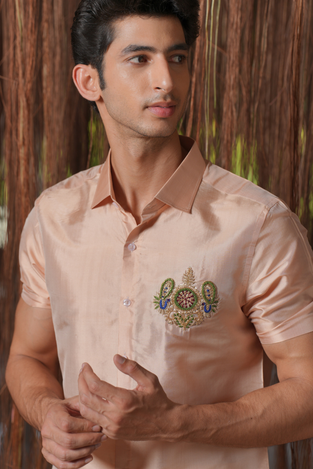 Ratna Kanjivaram — Blush Hand Embroidered Kanjivaram Pattu Silk Shirt & Lungi Set