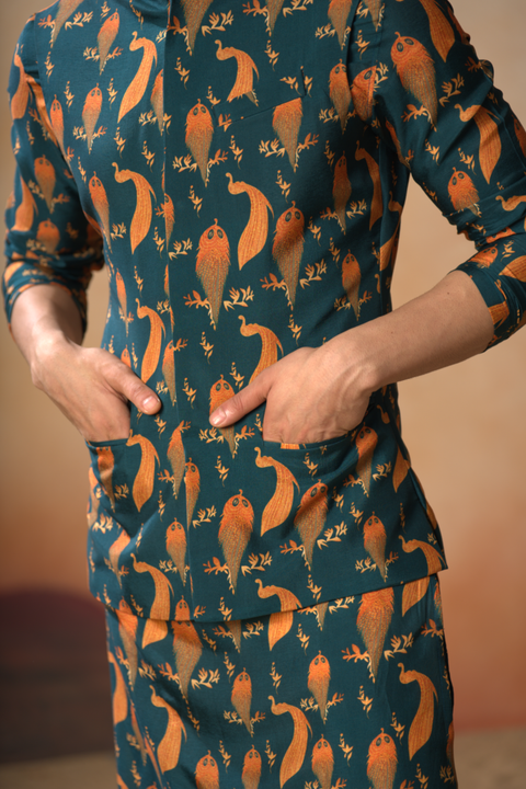 Tealock — Green Nature Printed Cotton Satin Nehru Jacket Set
