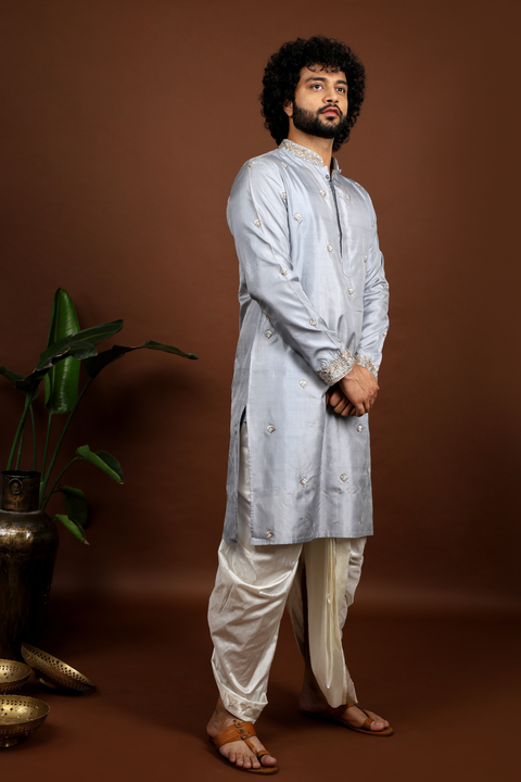 Gracia β Grey & Cream Hand Embroidered Kanjivaram Pattu Kurta Set