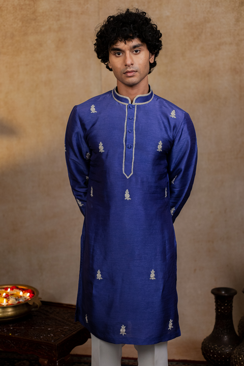 Silver Stitches β Blue Silver Zari Embroidered Falling Raw Silk Kurta