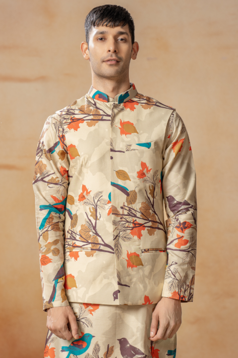 Avescape — Beige Nature Printed Cotton Satin Nehru Jacket Set