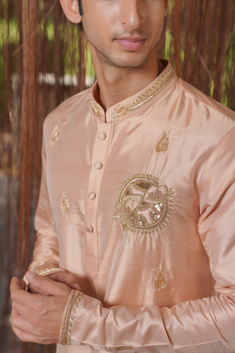Sakura Kanjivaram — Dusky Pink Thread Embroidered Kanjivaram Pattu Silk Kurta Set