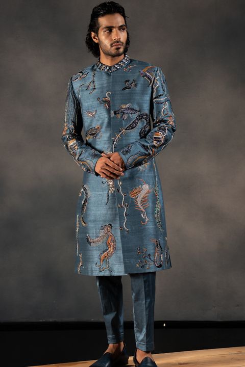 Oceanic Depths β Blue Hand Embroidered Raw Silk Sherwani