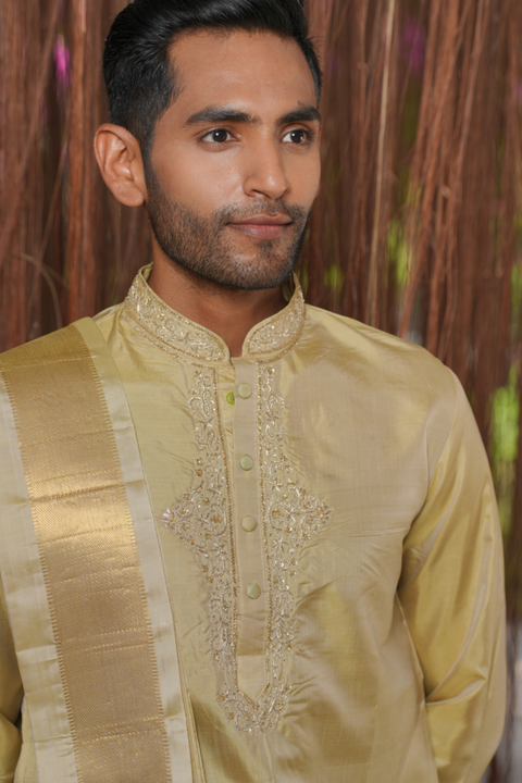 Sharvariya Kanjivaram — Olive Thread Embroidered Kanjivaram Pattu Silk Kurta Set