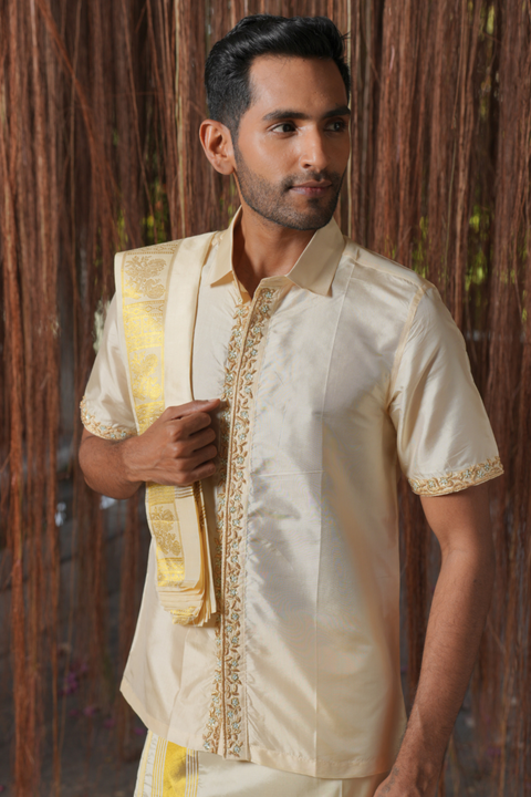 Sitara Kanjivaram — Sandstone Thread Embroidered Kanjivaram Pattu Silk Shirt & Lungi Set