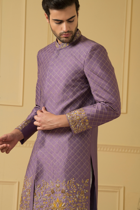 Marfil — Lilac Hand Embroidered Dupion Silk Sherwani