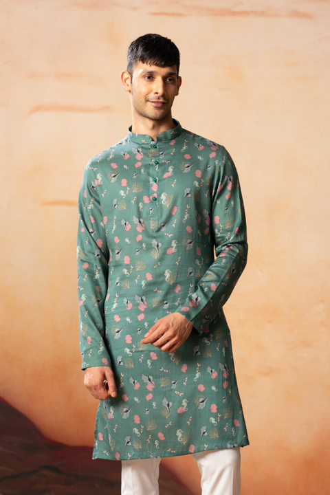 Green Floral — Green Floral Print Cotton Kurta
