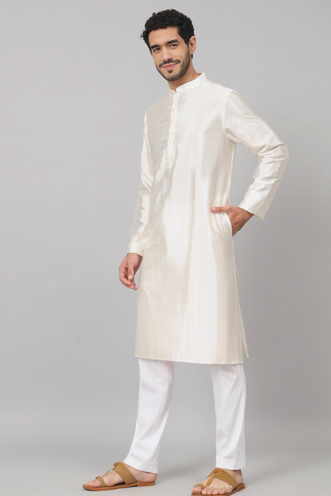 Off White Plain β Falling Raw Silk Kurta