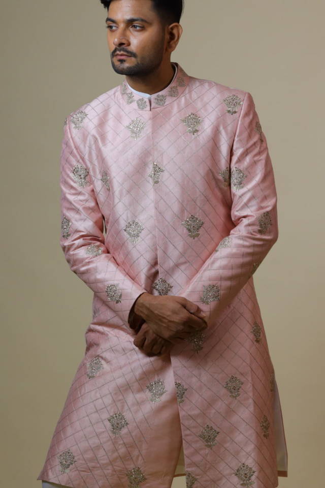 Light Coral — Coral Hand Embroidered Raw Silk Sherwani