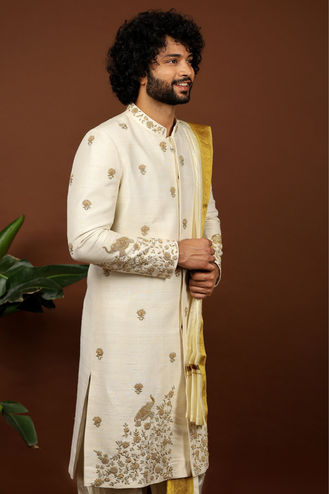 Oro — Off White Gold Hand Embroidered Raw Silk Sherwani & Dhoti Set