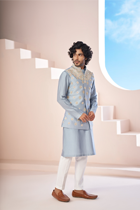 Claro — Powder Blue Nature Printed Dupion Silk Nehru Jacket Set