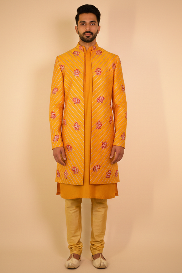 Kesariya — Saffron Hand Embroidered Dupion Silk Indowestern Sherwani