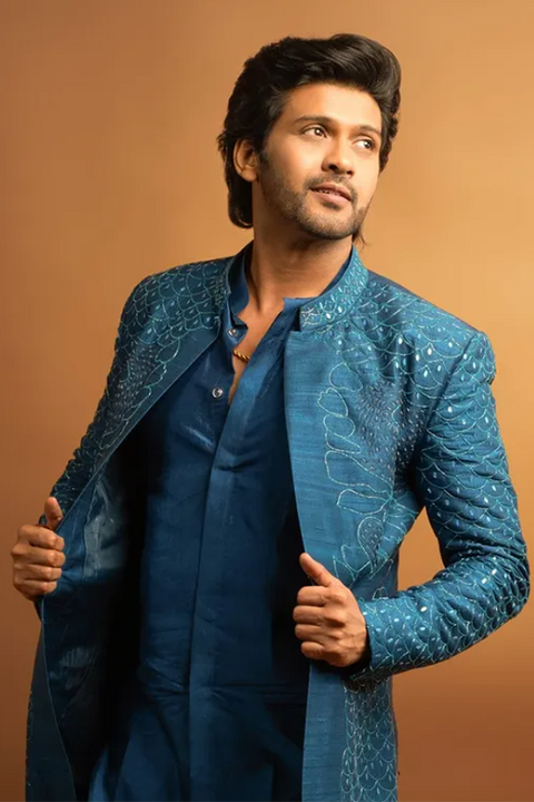 Royal Ink β Ink Blue Hand Embroidered Raw Silk Indo-Western Set