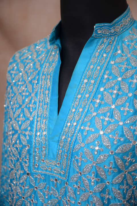 Aarohan Neel — Aqua Blue Embroidered Dupion Silk Kurta