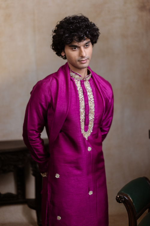 Rajyog — Magenta Zari Embroidered Falling Raw Silk Kurta
