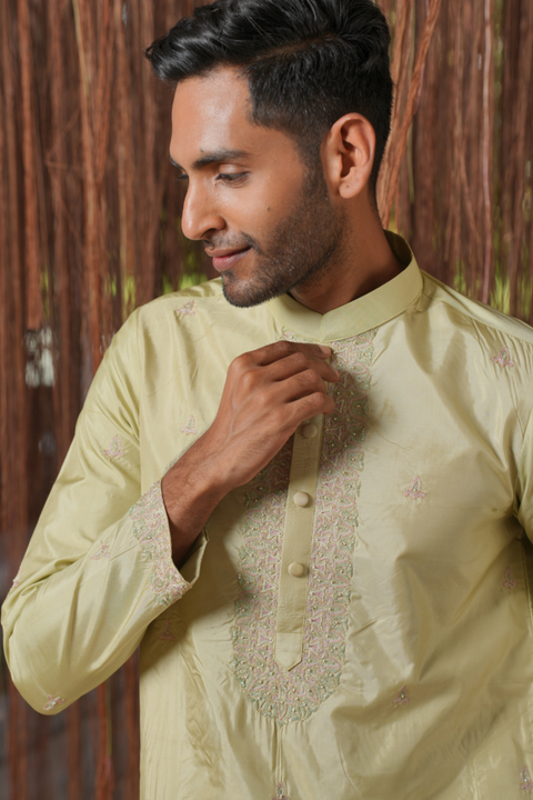 Thirunaal Kanjivaram — Olive Thread Embroidered Kanjivaram Pattu Silk Kurta Set