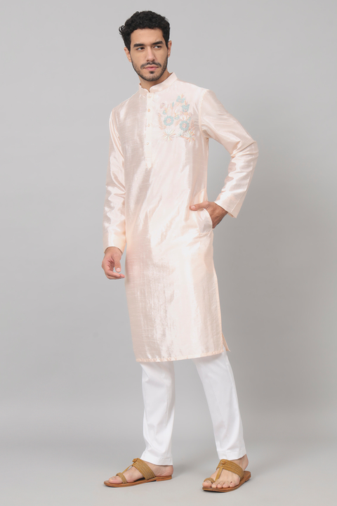 Taozi — Peach Embroidered Semi Raw Silk Kurta