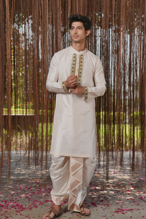 Pushkaram Kanjivaram — Cream Hand Embroidered Kanjivaram Pattu Silk Kurta Set