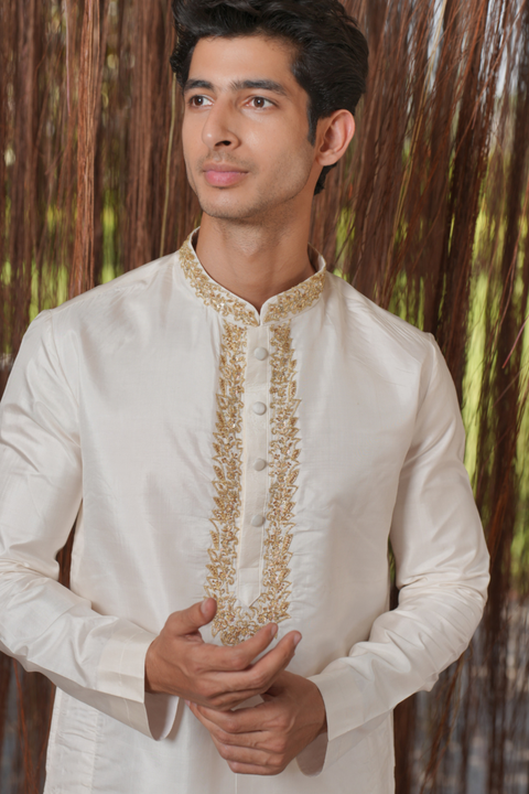 Dhvani Kanjivaram — White Hand Embroidered Kanjivaram Pattu Silk Kurta Set