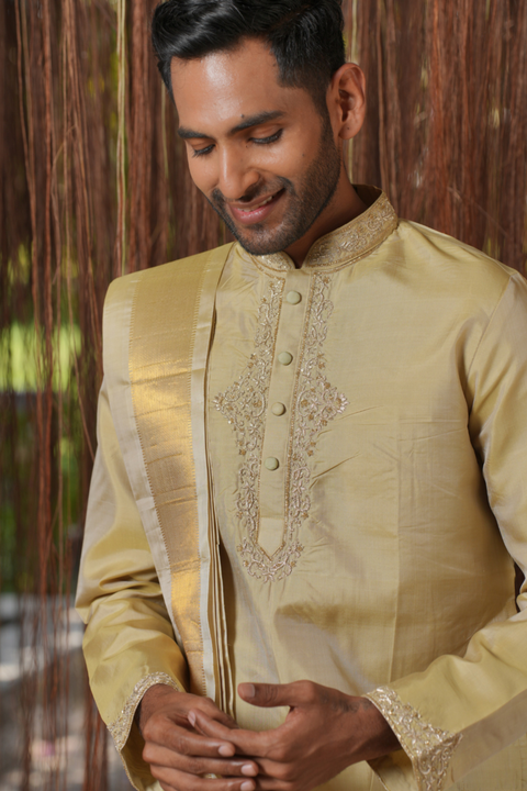 Sharvariya Kanjivaram — Olive Thread Embroidered Kanjivaram Pattu Silk Kurta Set