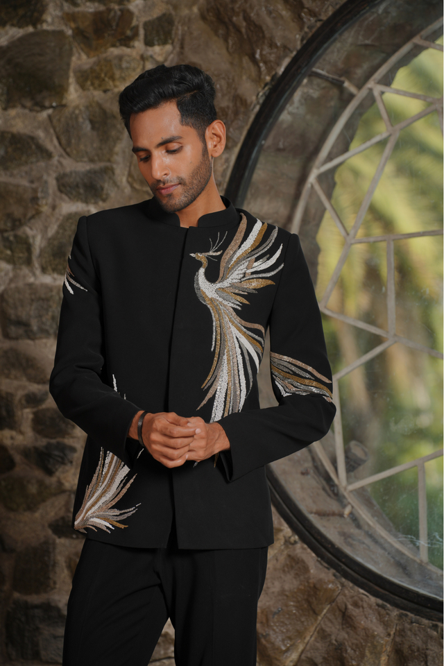 Skyflare — Black Metallic Peacock Embroidered British Suede Suiting Bandhgala