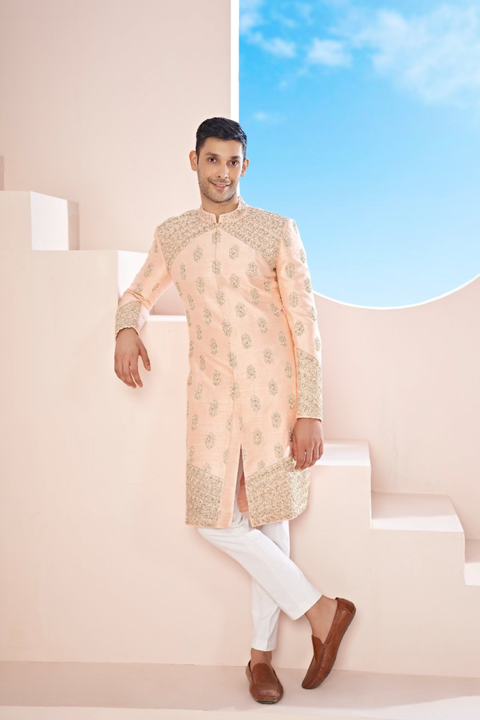 Vexella β Peach Hand Embroidered Raw Silk Sherwani
