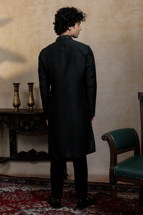 Kajal Phool — Black Floral Embroidered Falling Raw Silk Kurta
