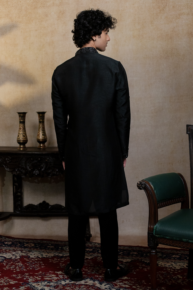 Kajal Phool — Black Floral Embroidered Falling Raw Silk Kurta