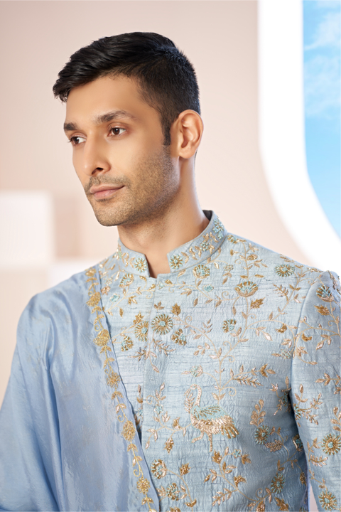 Luxavia — Blue Hand Embroidered Raw Silk Sherwani