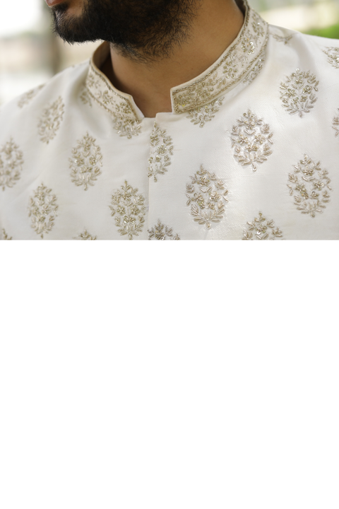 Iysian Silver — White Silver Hand Embroidered Dupion Silk Sherwani